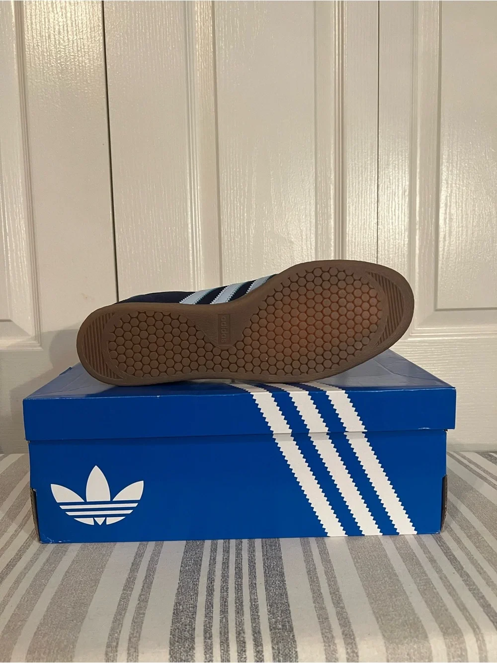 adidas Navy STADT Suede Sneakers with Light Blue Stripes and Gum Sole 10.5M